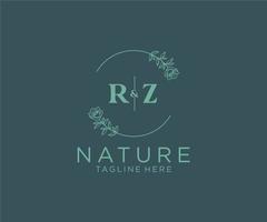 inicial rz letras botánico femenino logo modelo floral, editable prefabricado monoline logo adecuado, lujo femenino Boda marca, corporativo. vector