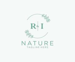 initial RI letters Botanical feminine logo template floral, editable premade monoline logo suitable, Luxury feminine wedding branding, corporate. vector