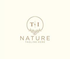 initial TI letters floral frames. Botanical feminine editable premade monoline unique decoration for greeting card, wedding invitation. vector