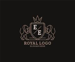 Initial EE Letter Lion Royal Luxury Logo template in vector art for Restaurant, Royalty, Boutique, Cafe, Hotel, Heraldic, Jewelry, Fashion and other vector illustration.