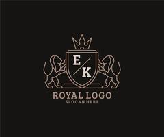 Initial EK Letter Lion Royal Luxury Logo template in vector art for Restaurant, Royalty, Boutique, Cafe, Hotel, Heraldic, Jewelry, Fashion and other vector illustration.