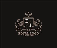 Initial EJ Letter Lion Royal Luxury Logo template in vector art for Restaurant, Royalty, Boutique, Cafe, Hotel, Heraldic, Jewelry, Fashion and other vector illustration.