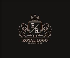 Initial ER Letter Lion Royal Luxury Logo template in vector art for Restaurant, Royalty, Boutique, Cafe, Hotel, Heraldic, Jewelry, Fashion and other vector illustration.