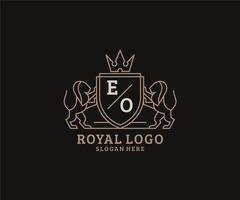 Initial EO Letter Lion Royal Luxury Logo template in vector art for Restaurant, Royalty, Boutique, Cafe, Hotel, Heraldic, Jewelry, Fashion and other vector illustration.