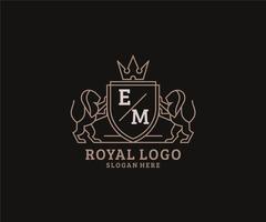 Initial EM Letter Lion Royal Luxury Logo template in vector art for Restaurant, Royalty, Boutique, Cafe, Hotel, Heraldic, Jewelry, Fashion and other vector illustration.