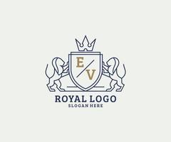 Initial EV Letter Lion Royal Luxury Logo template in vector art for Restaurant, Royalty, Boutique, Cafe, Hotel, Heraldic, Jewelry, Fashion and other vector illustration.