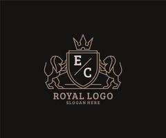 Initial EC Letter Lion Royal Luxury Logo template in vector art for Restaurant, Royalty, Boutique, Cafe, Hotel, Heraldic, Jewelry, Fashion and other vector illustration.