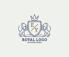 Initial EY Letter Lion Royal Luxury Logo template in vector art for Restaurant, Royalty, Boutique, Cafe, Hotel, Heraldic, Jewelry, Fashion and other vector illustration.