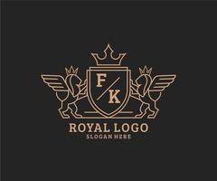 Initial FK Letter Lion Royal Luxury Heraldic,Crest Logo template in vector art for Restaurant, Royalty, Boutique, Cafe, Hotel, Heraldic, Jewelry, Fashion and other vector illustration.