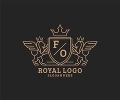Initial FO Letter Lion Royal Luxury Heraldic,Crest Logo template in vector art for Restaurant, Royalty, Boutique, Cafe, Hotel, Heraldic, Jewelry, Fashion and other vector illustration.