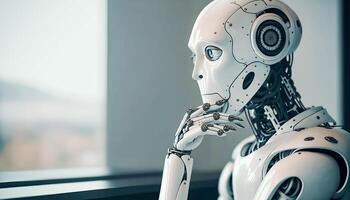 AI robot thinking in white office, photo