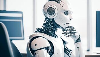 AI robot thinking in white office, photo