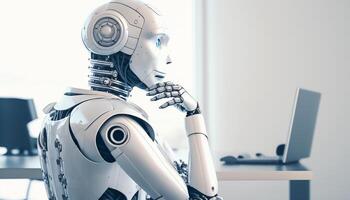 AI robot thinking in white office, photo