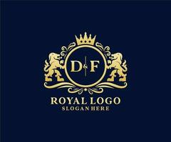 Initial DF Letter Lion Royal Luxury Logo template in vector art for Restaurant, Royalty, Boutique, Cafe, Hotel, Heraldic, Jewelry, Fashion and other vector illustration.