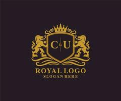 Initial CU Letter Lion Royal Luxury Logo template in vector art for Restaurant, Royalty, Boutique, Cafe, Hotel, Heraldic, Jewelry, Fashion and other vector illustration.