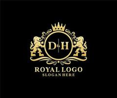 Initial DH Letter Lion Royal Luxury Logo template in vector art for Restaurant, Royalty, Boutique, Cafe, Hotel, Heraldic, Jewelry, Fashion and other vector illustration.