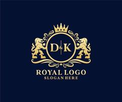 Initial DK Letter Lion Royal Luxury Logo template in vector art for Restaurant, Royalty, Boutique, Cafe, Hotel, Heraldic, Jewelry, Fashion and other vector illustration.