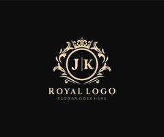 Initial JK Letter Luxurious Brand Logo Template, for Restaurant, Royalty, Boutique, Cafe, Hotel, Heraldic, Jewelry, Fashion and other vector illustration.