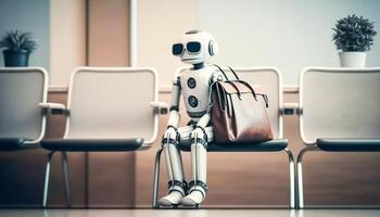 AI robot waiting on chair for a job interview, photo