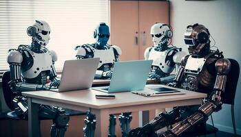 ai robots reunión y trabajando en ordenador portátil en mesa en oficina, generativo ai