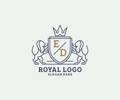 Initial ED Letter Lion Royal Luxury Logo template in vector art for Restaurant, Royalty, Boutique, Cafe, Hotel, Heraldic, Jewelry, Fashion and other vector illustration.