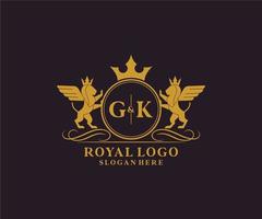 Initial GK Letter Lion Royal Luxury Heraldic,Crest Logo template in vector art for Restaurant, Royalty, Boutique, Cafe, Hotel, Heraldic, Jewelry, Fashion and other vector illustration.