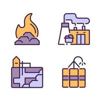 Coal processing pixel perfect RGB color icons set. Fossil fuel power plant. Coal combustion. Energy generation. Isolated vector illustrations. Simple filled line drawings collection. Editable stroke