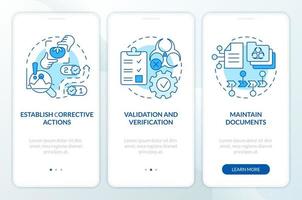 Principles of HACCP blue onboarding mobile app screen. Food control walkthrough 3 steps editable graphic instructions with linear concepts. UI, UX, GUI template vector