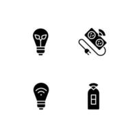 Home lighting black glyph icons set on white space. Smart and energy efficient lightbulb. Automated power strip. Silhouette symbols. Solid pictogram pack. Vector isolated illustration