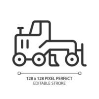 Grader pixel perfect linear icon. Creating flat surface. Coal mining equipment. Heavy industry. Motor vehicle. Thin line illustration. Contour symbol. Vector outline drawing. Editable stroke