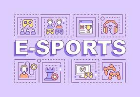 E sports word concepts purple banner. Competitive video gaming. Infographics with editable icons on color background. Isolated typography. Vector illustration with text