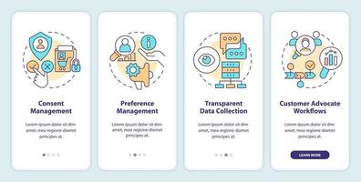 CIAM features onboarding mobile app screen. Customer data management walkthrough 4 steps editable graphic instructions with linear concepts. UI, UX, GUI template vector