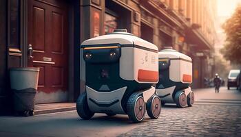 Autonomous robots deliver food to customers on road in city, photo