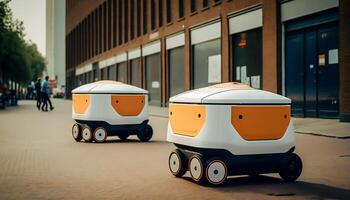 Autonomous robots deliver food to customers on road in city, photo