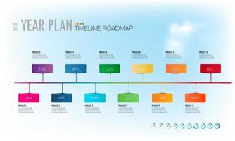 negocio mínimo año plan infografía diseño modelo doce vistoso elementos. diagrama con 12 meses opciones, pasos, partes o procesos con calendario, presentación vector infografía.