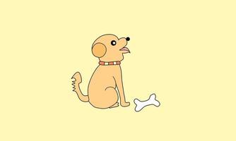 Vector illustration isolated on yellow background. Little dog sitting there barking. With a necklace around the neck. Packed with fresh bones.