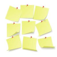 Set of yellow office stickers with space for text attached by neeples to wall. Vector illustration isolated on white background