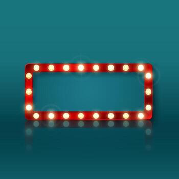 Retro rectangular banner sign with red frame and glowing bulbs. Colorful vintage advertisement billboard with space for text and reflection. Vector illustration