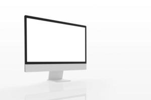 Modern computer display on white surface with reflection. Isolated screen for web page mockup promotion photo