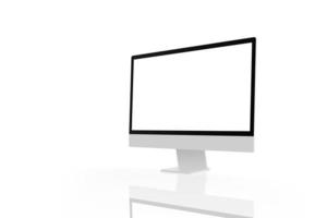 Computer screen isolated in white with reflection. Isolated screen for mockup, app or web page presentation. Side view photo