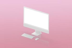 Isometric white display, keyboard and mouse on pink suirface. Isolated screen for mockup, app or web page presentation photo