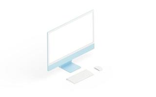 Modern computer display, keyboard and mouse on white surface. Isometric position. Isolated screen for mockup photo