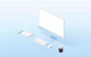 Isometric work desk with computer display, keyboard, mouse, pad, pen and coffee mug. Isolated screen for web page presentation. Blue surface photo