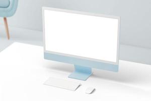 moderno azul computadora monitor con blanco pantalla para aplicación o web página presentación. limpiar blanco escritorio con teclado y ratón foto