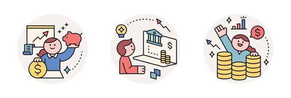 Finance and people, accounts for household economic growth, investment plan management. Piggy bank, graph, data, stacked. Vector illustration.