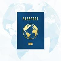 Biometric blue passport cover template. Identity document with digital id with global map on background.  Vector illustration