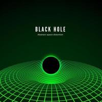 Black Hole visualisation. Illustration of deformation time and space in green colors. Destruction of matter by black hole. Vector illustration