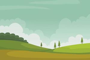 Countryside nature field landscape cartoon background with sky, meadow green grass, tree, hill, and road vector
