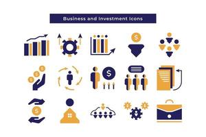 Set of Business and Investment Icons. Contains Business People, Workplace, Human Resources, Communication, Team Structure and More vector