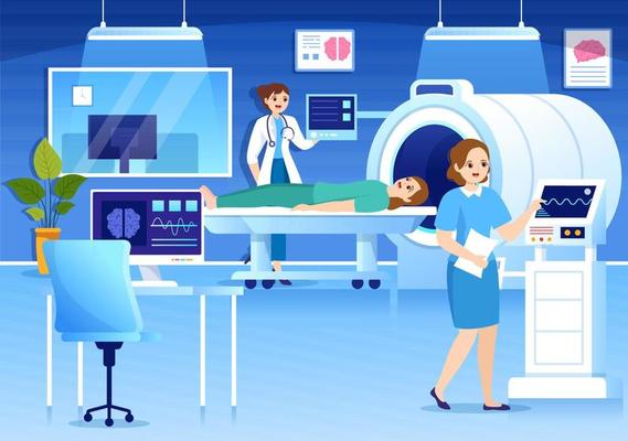 MRI or Magnetic Resonance Imaging Illustration with Doctor and Patient on Medical Examination and CT scan in Flat Cartoon Hand Drawn Templates